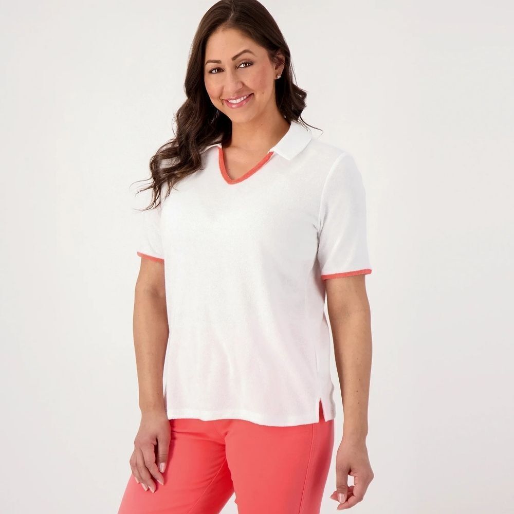Denim & Co. Beach White Knit Terrycloth Polo with Contrast Trim Size Medium